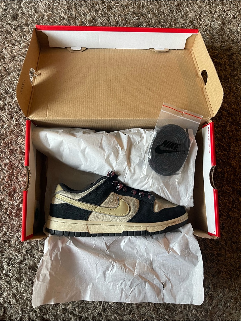 Nike Dunk Low LX Black Suede Team Gold Coconut Milk Womens 7.5 Shoe DV3054-001